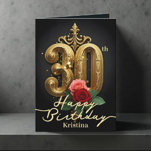 Cartão Rosas e aniversário de 30 anos Barrocos Dourados
