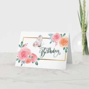 Cartão Rosas em Aquarela e Feliz Aniversário Borboleta
