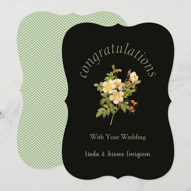 Cartão Rosas Pretos Florais e Parabéns Verdes Casamento (Frente/Verso)