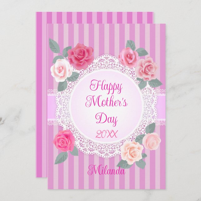 Cartão Rosas Rosa Feliz Dia das Mães (Frente/Verso)