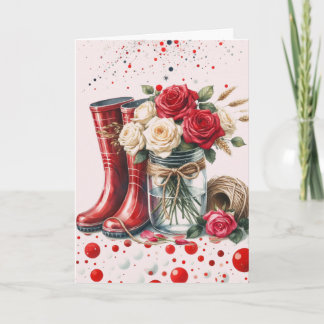 Cartão Rosas Rústicas Abstratas e Botas de Chuva