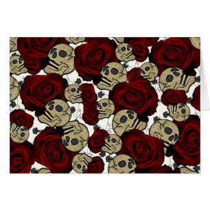 Cartão Rosas Vermelhas & Caveiras Floral Gótico Preto Bra