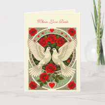 Rosas Vermelhas e Pombas Brancas Art Nouveau