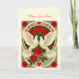 Cartão Rosas Vermelhas e Pombas Brancas Art Nouveau