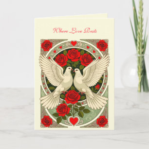 Cartão Rosas Vermelhas e Pombas Brancas Art Nouveau