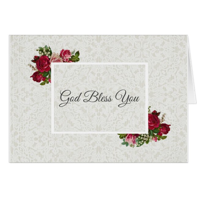 Cartão Rosas vermelhas rosa Lily do Vale Lace Branco (Frente Horizontal)