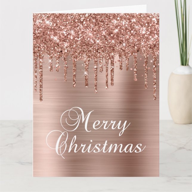 Cartão Rose Gold Glitter Drips Metallic Merry Christmas (Frente)