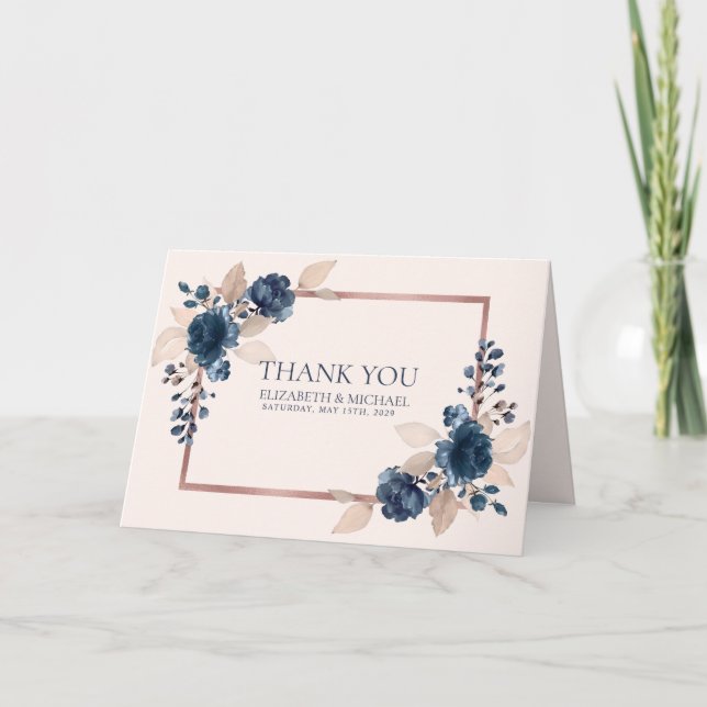 Cartão Rose Gold Navy Blue Dusty Pink Floral Thank You (Frente)