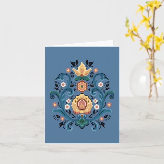 Cartão Rosemaling in Dourado and Burgundy Greeting Card (Flor Amarela)