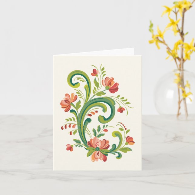 Cartão Rosemaling in Red and Pink Greeting Card (Flor Amarela)
