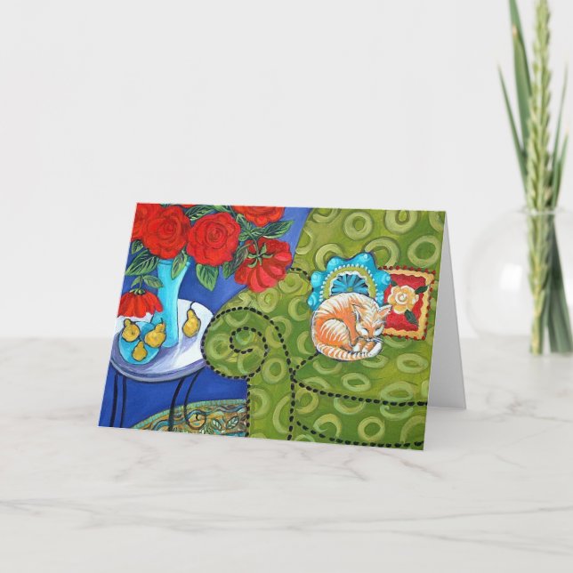 Cartão Roses and Strawberry Cat (Frente)