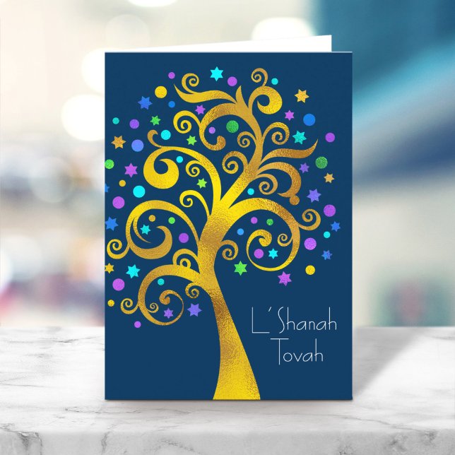 Cartão Rosh Hashanah Blue Gold Tree of Life on Marinho (Criador carregado)