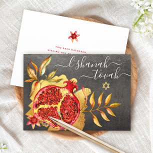 Cartão Rosh Hashanah Romã Vermelha Aquarela Dourado Cinza