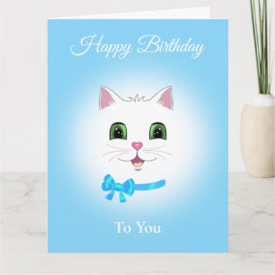 Cartão Rosto de Gato Feliz e Fofo de Aniversário em Azul