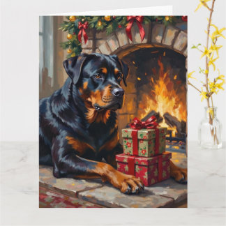 Cartão Rottweiler Christmas Fireplace Guardian