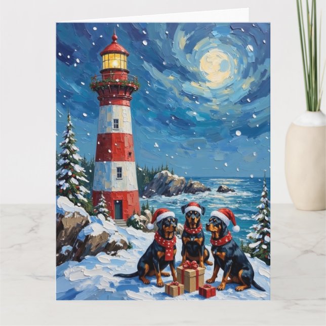 Cartão Rottweiler Christmas Lighthouse Holiday (Frente)
