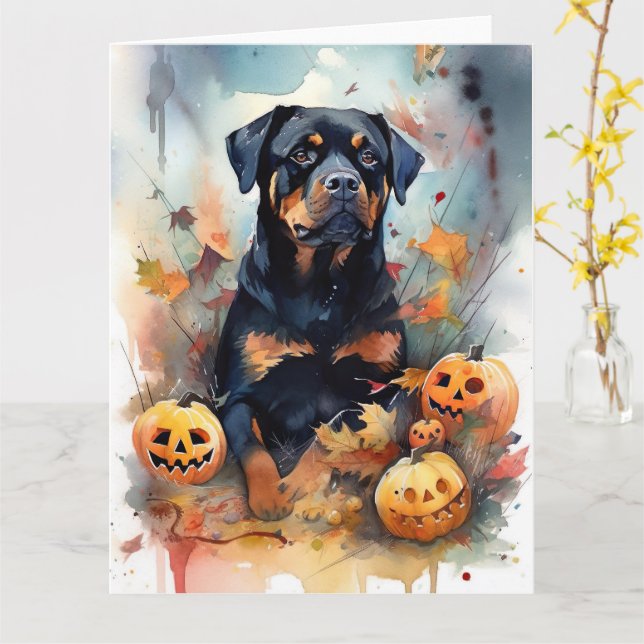 Cartão Rottweiler de Halloween com Abóboras Assustadoras (Flor Amarela)