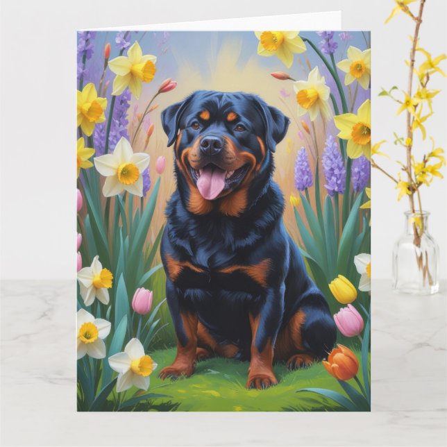 Cartão Rottweiler Flores de Mola de Cães Pintura (Flor Amarela)