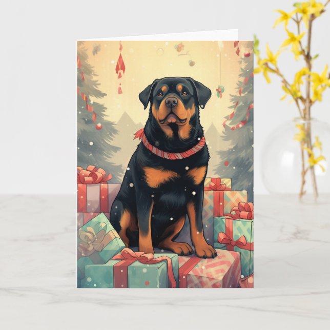 Cartão Rottweiler Guardiando Presentes de Natal (Flor Amarela)