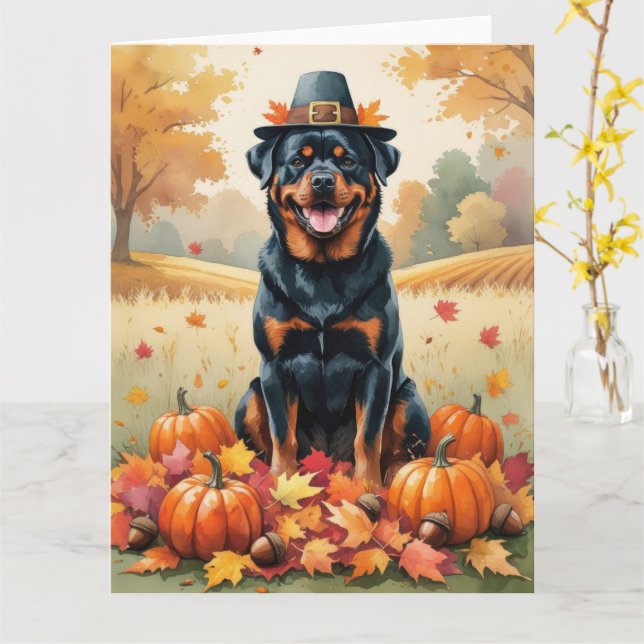 Cartão Rottweiler No Outono Deixa Arte De Ação De Graças (Flor Amarela)