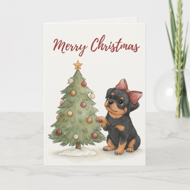 Cartão Rottweiler Puppy by Christmas Tree Card (Frente)
