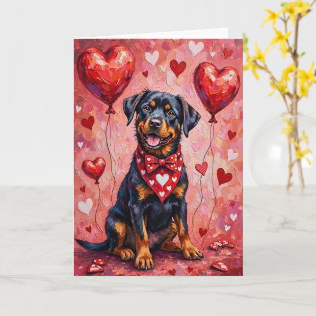 Cartão Rottweiler Valentine’s Day Dog with Hearts Red (Flor Amarela)