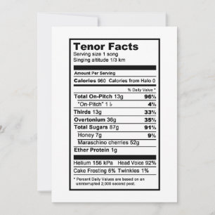 Cartão Rótulo de informação nutricional do tenor