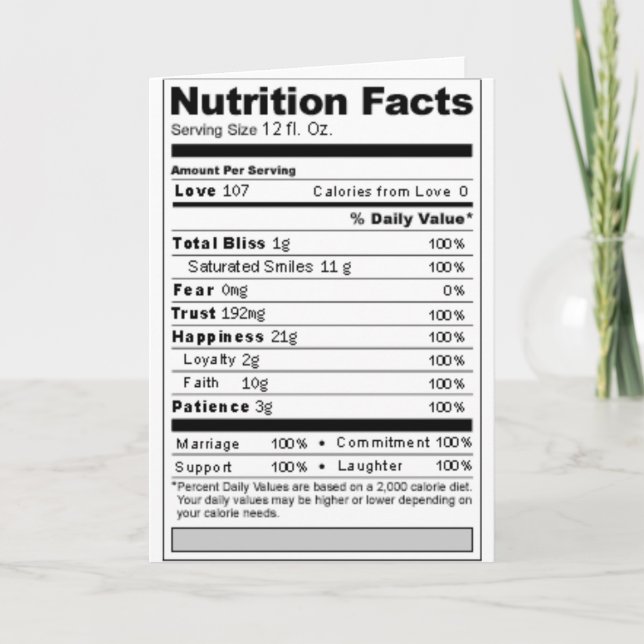 Cartão Rótulo de Nutrição Divertido e Doce para Casamento (Frente)