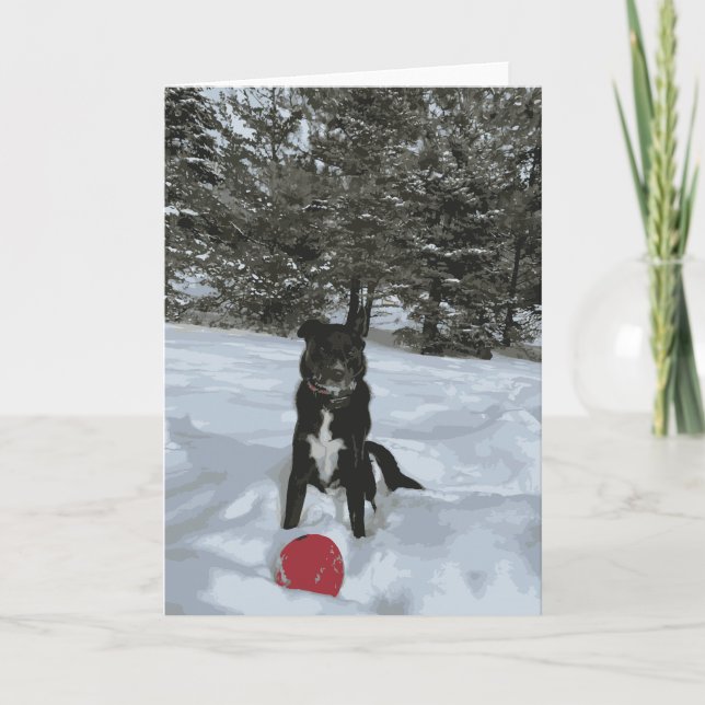 Cartão Rouco Lab Cão Sentado Neve Árvores Cobertas Bola V (Frente)