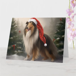 Cartão Rough Collie Cachorro na Neve Natal