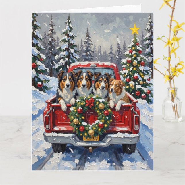 Cartão Rough Collie Christmas Red Truck Holiday (Flor Amarela)