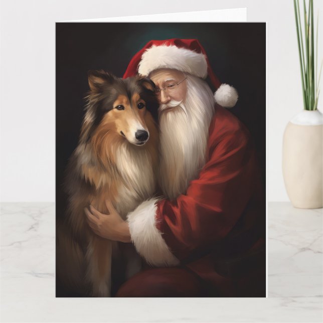 Cartão Rough Collie com Papai Noel Natal Festivo (Frente)