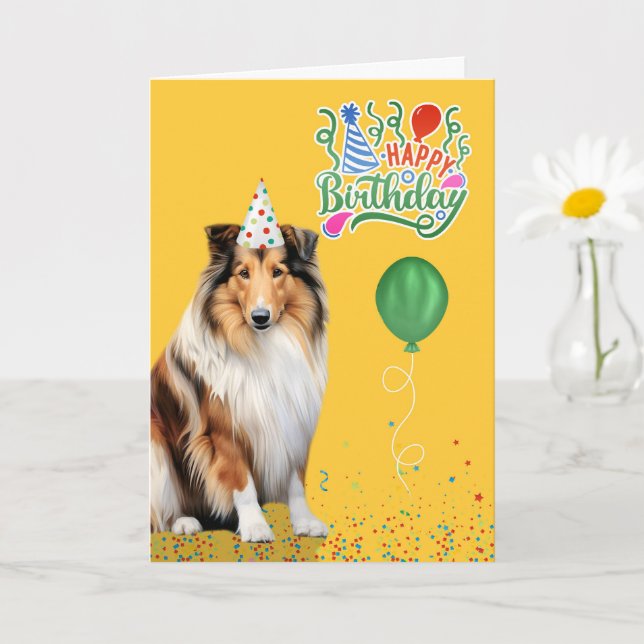 Cartão Rough Collie Dog Party Hat Yellow Birthday (Planta pequena)