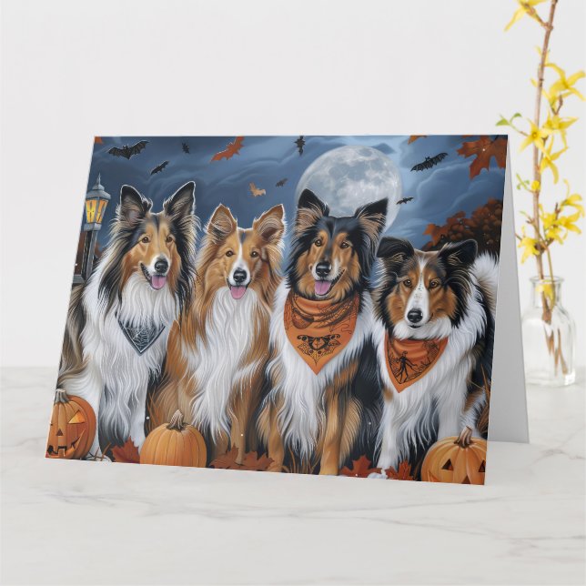 Cartão Rough Collie Halloween Assustador (Flor Amarela)