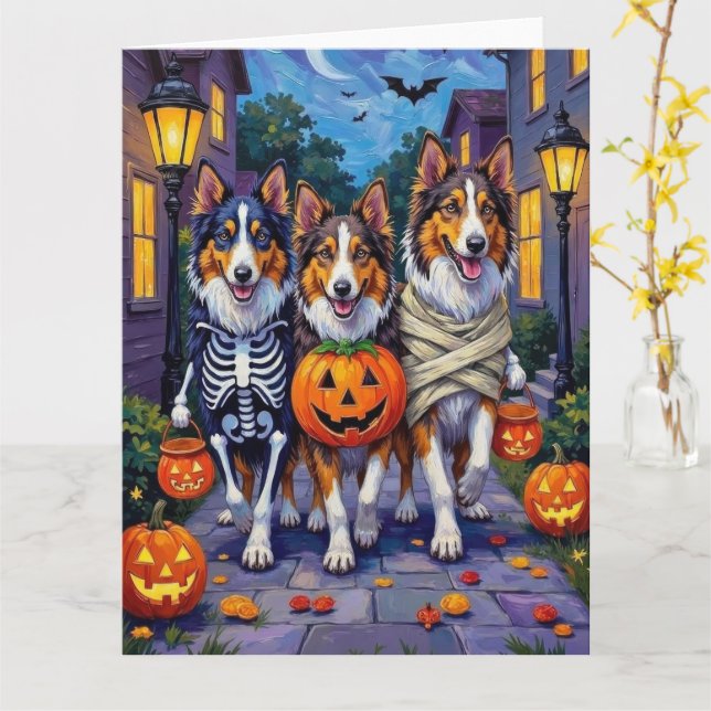 Cartão Rough Collie Trick-or-Treating Halloween Costumes (Flor Amarela)