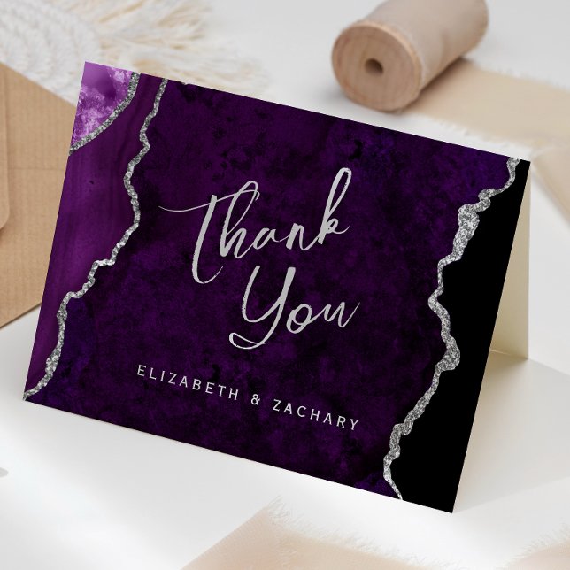 Cartão Roxo Agradecimento de Casamento em Script de Ágata (Criador carregado)