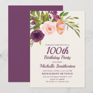 Cartão Roxo Borgonha Bege Rosa Floral Aniversário de 100
