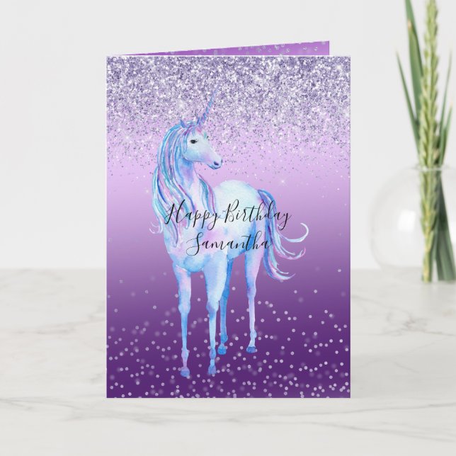 Cartão Roxo Confetti Ombre Unicorn Glitter Sparkle (Frente)