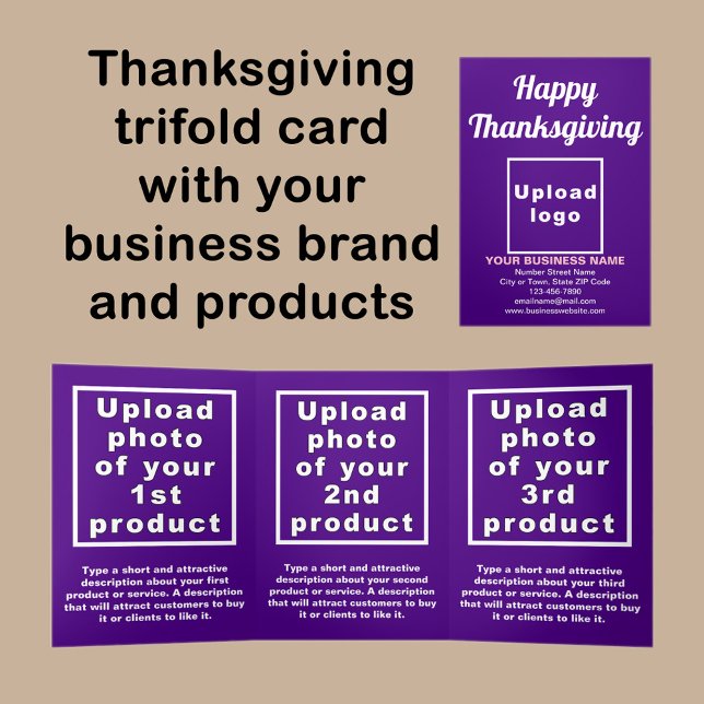 Cartão Roxo de Ação de Graças de Negócios (Thanksgiving purple trifold card with your business brand and products or services.)