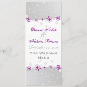 Cartão roxo do menu do casamento do floco de neve