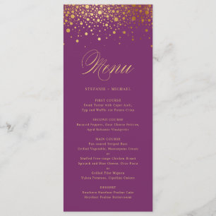 Cartão roxo elegante do menu dos confetes da folh