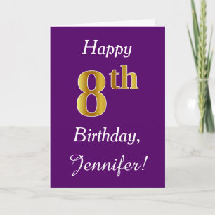 Cartão Roxo, Faux Dourado 8º Aniversário + Nome Persona