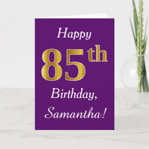 Cartão Roxo, Faux Dourado 85.º Aniversário + Nome Perso