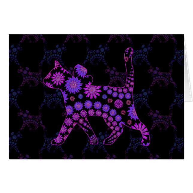 Cartão Roxo Floral Cat Art (Frente Horizontal)