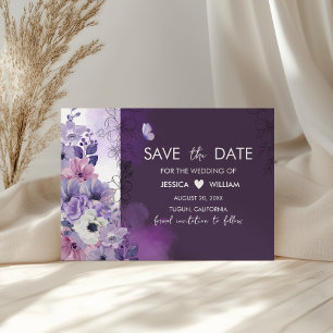 Cartão Roxo Floral de Salve a Data de Casamento