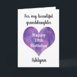 Cartão Roxo Heart 18th Aniversário Neto<br><div class="desc">Um cartão de 18 anos de cor d'água roxa para neta,  afilhada,  filha,  etc. A frente deste moderno cartão de aniversário de 18 anos pode ser facilmente personalizada com seu nome. Isso faria um cartão de aniversário único para o seu décimo oitavo aniversário.</div>