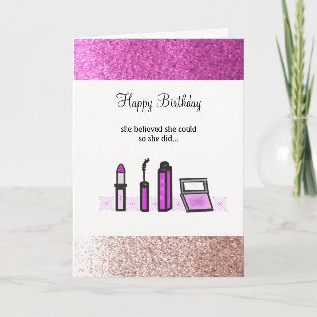 Cartão Roxo Makeup Faux Glitter Birthday (Frente)