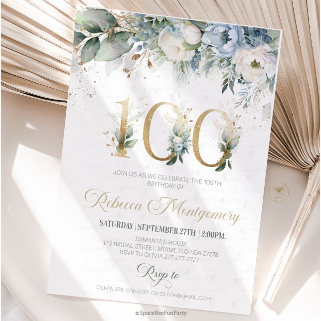 Cartão RSVP 100th birthday Elegant Milestone invitation (100th birthday invitation, editable sage green invitation, elegant floral design, eighty year old br)