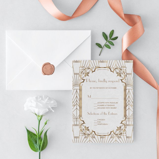 Cartão RSVP 1920 Dourado branco Gatsby Art Deco (Criador carregado)