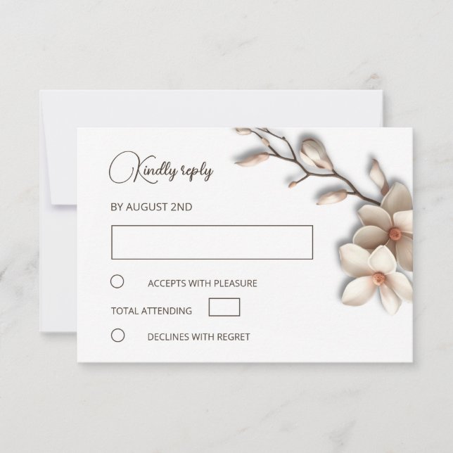 Cartão RSVP 3D Ivory Magnolia Simple Wedding (Frente)